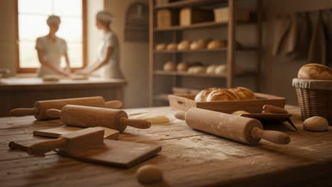 artisan bakers skillfully prepare fresh bread and pastries in a cozy bakery, showcasing the craft of baking with wooden rolling pins and dough in a warm atmosphere