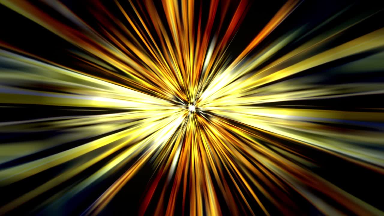 Abstract loop rotating vivid gold yellow star speed light with beam radial light emitted from the center star rotation. 4K 3D fractal radiant star with colored rays seamless loop infinite background.