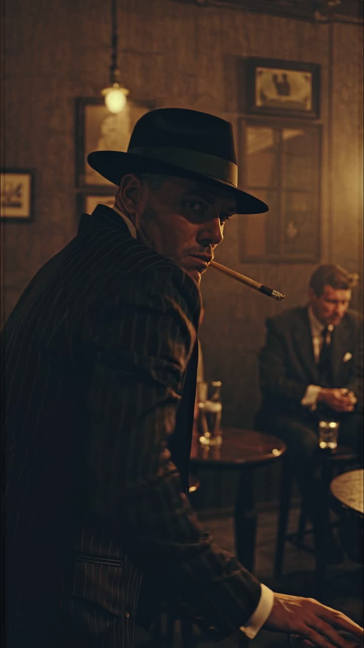 A vintage noir scene with a man in a pinstripe suit and fedora, leaning on a bar