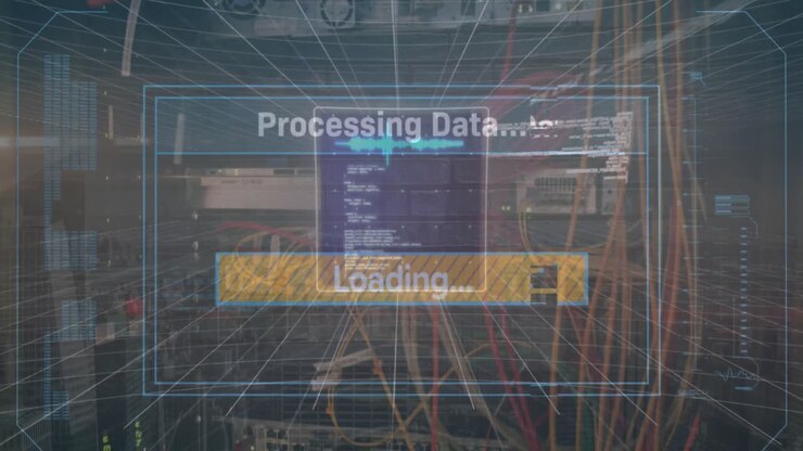 Animation of screens with data processing against close up of a computer server