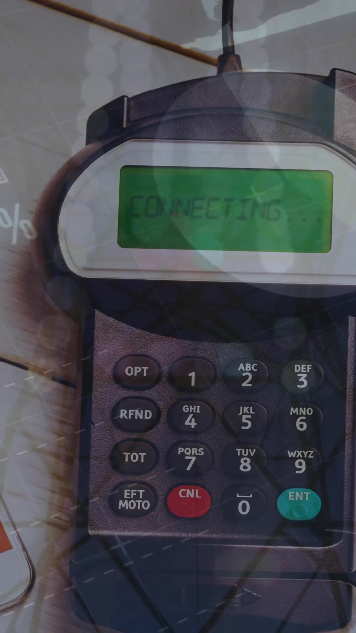 Animazione dell'elaborazione di dati finanziari su smartphone e terminale di pagamento