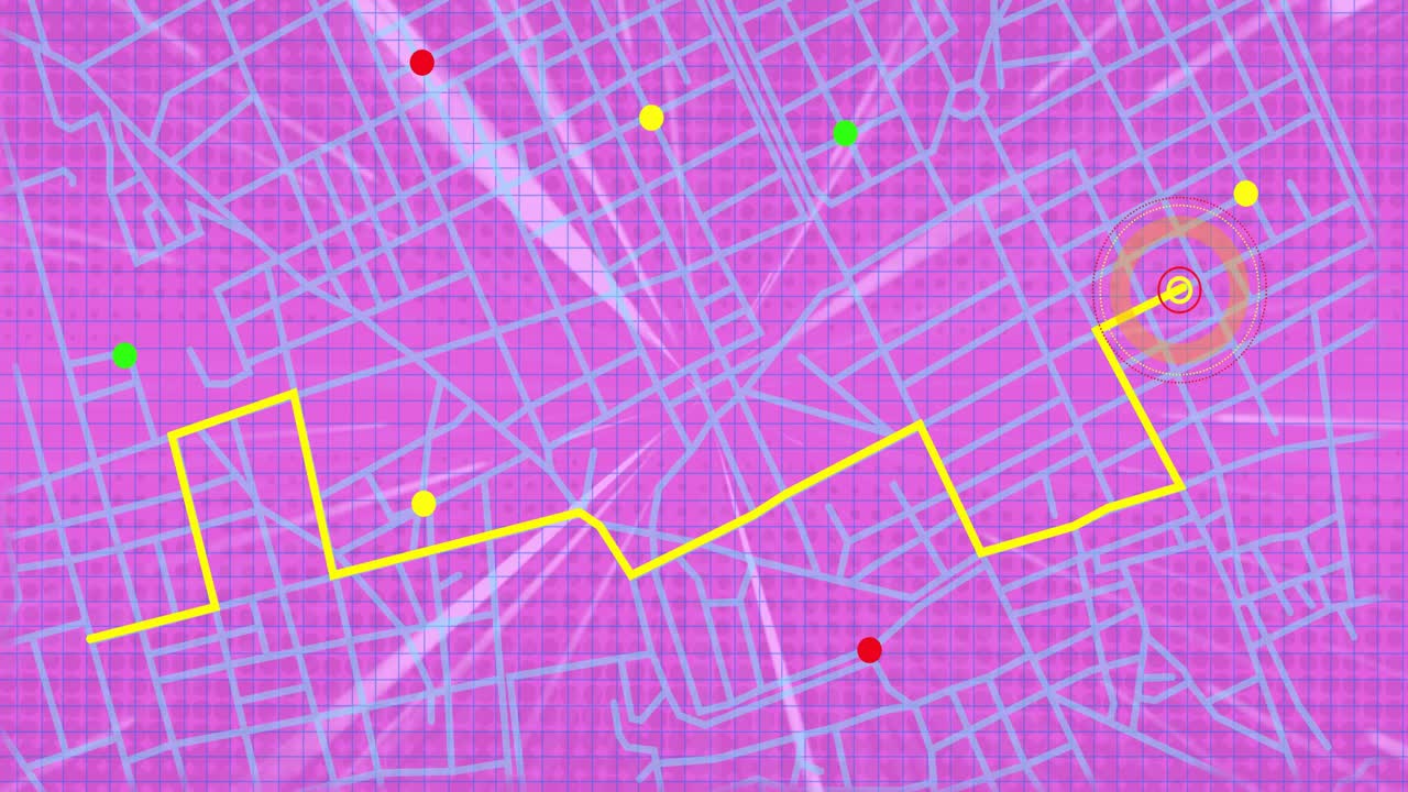 pulsing yellow waypoint initiating drawing snaking and pausing nodes showing route on magenta grid