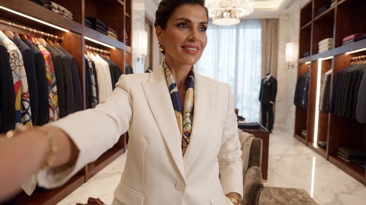 Atmosfera elegante de uma boutique de roupas de luxo exibindo moda elegante com foco em trajes e acessórios sofisticados em um ambiente refinado.