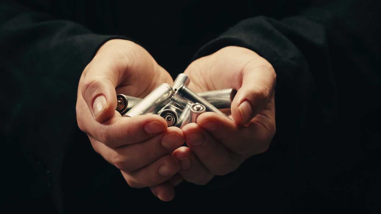 Silver batteries AA and AAA in hands on black background close-up. Double-A battery is a standard size single cell cylindrical dry battery. Batteries are common in portable electronic devices. An AA battery is composed of a single electrochemical cell that may be either a primary battery or a rechar