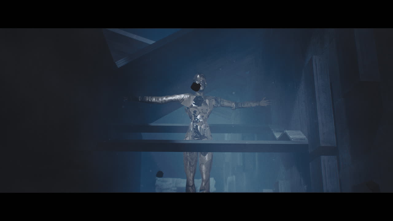 A lone figure in a desolate, futuristic space.