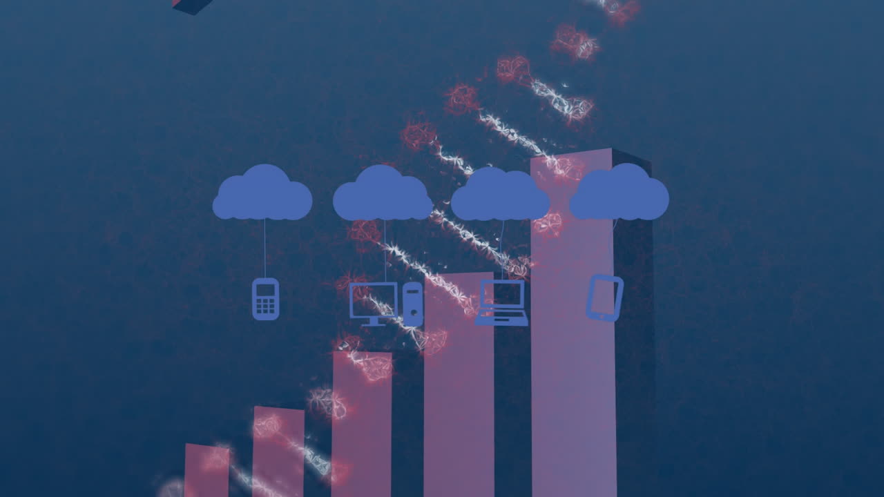 animación de nubes con iconos sobre gráfico con flecha y cadena de adn