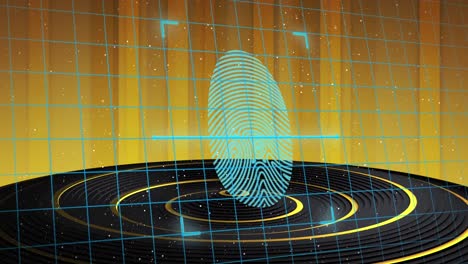 Biometric-fingerprint-scanning-and-padlock-on-shield-security-icons-over-moving-black-podium