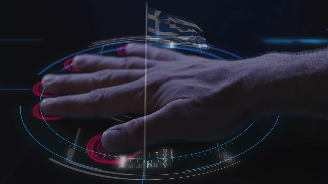 Scanning hand over digital interface with Greek flag in background animation