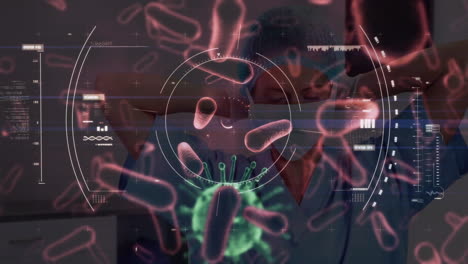 Animation-of-covid-19-and-red-blood-cells-floating-over-scope-scanning-surgeon-in-face-mask