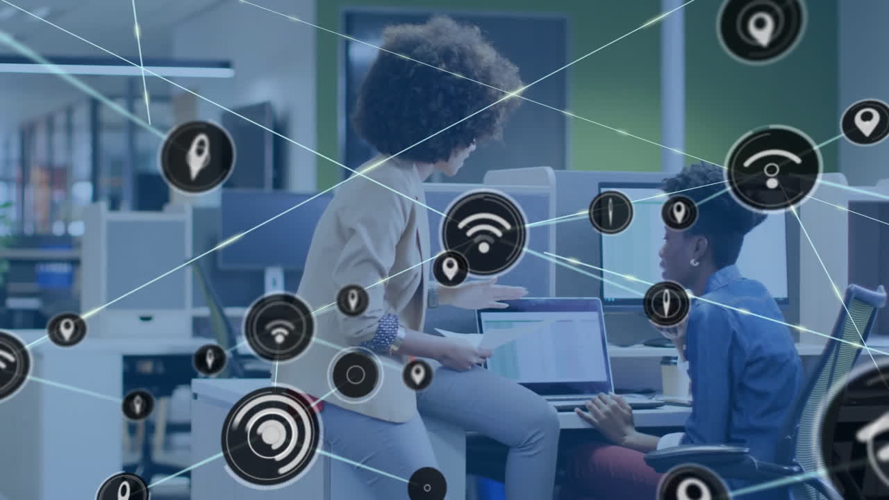 현대적인 사무실에서 다양한 동료들과 협력하고 네트워크 연결 아이콘 애니메이션