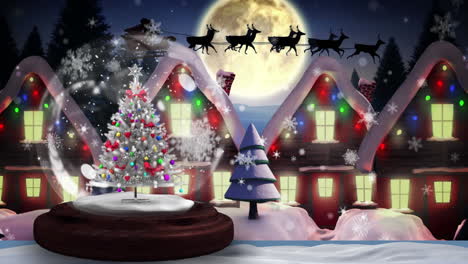 animation of snow falling and snow globe with christmas tree over christmas scenery