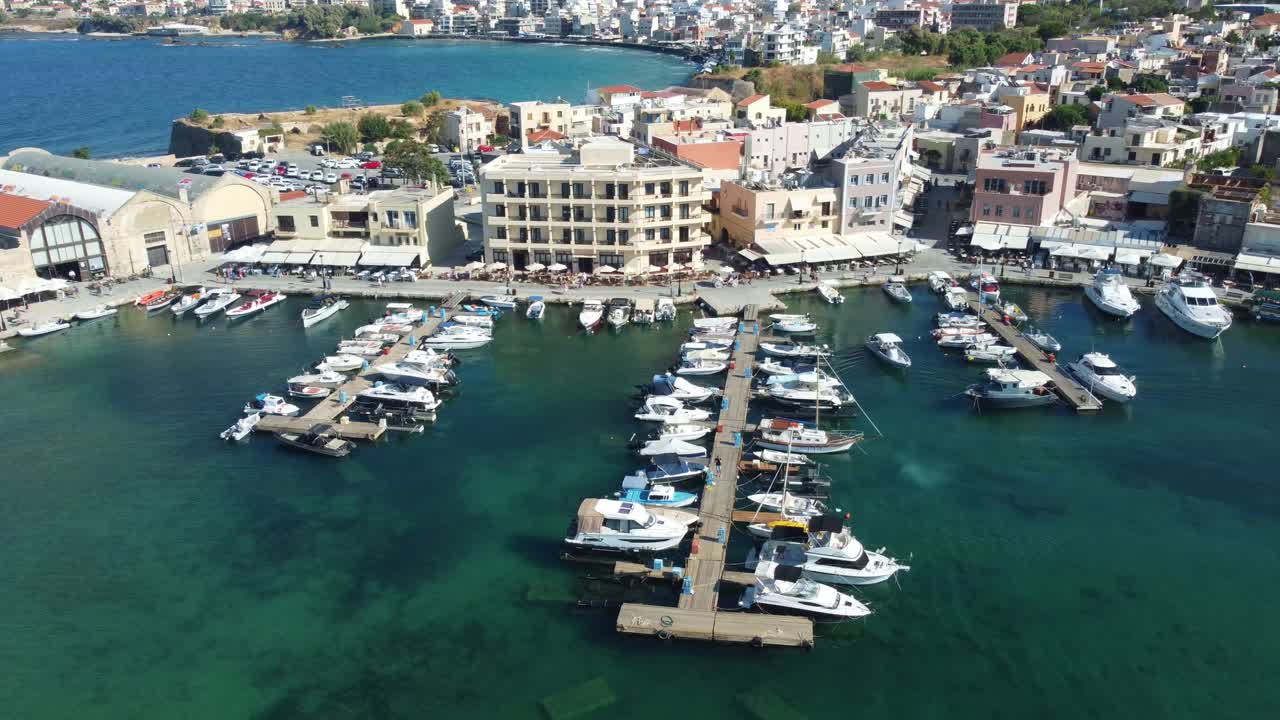 Historic Port And Marina Of Chania City In Crete Island, Greece. Aerial Drone Shot