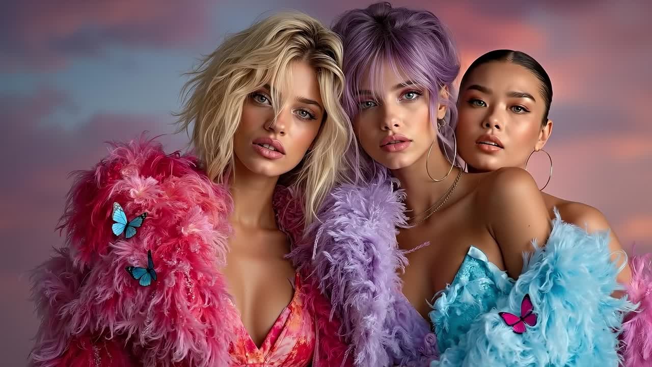 Three women in colorful feathers posing for a photo