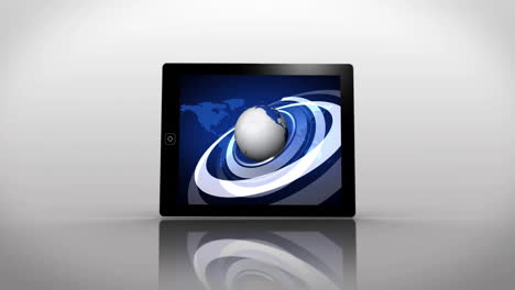 rotating globe animation over tablet with blue world map background