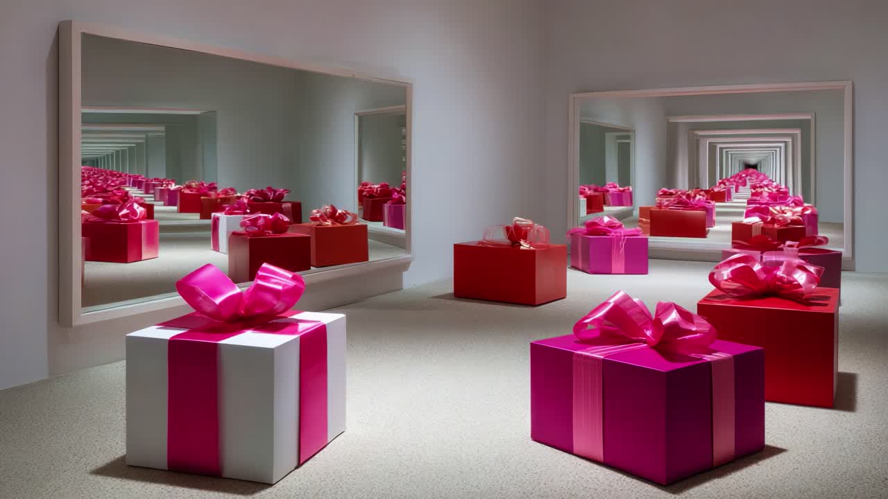 A Stunning Display of Colorful Gift Boxes Inside a Vibrant Hallway of Mirrors Reflecting Endless Surprises and Celebrations, Celebrating Joy and Magic of Giving gifts