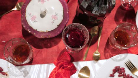 formal dinner party, top-down point of view of putting down a wine glass on the table