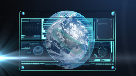 Animación-Del-Procesamiento-De-Datos-En-Pantalla-Sobre-El-Globo-Sobre-Fondo-Azul