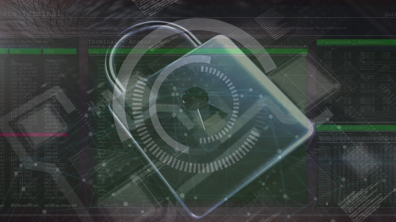 animación del procesamiento de datos y el candado sobre fondo negro