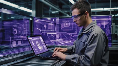 engineer working with holographic interface in a factory