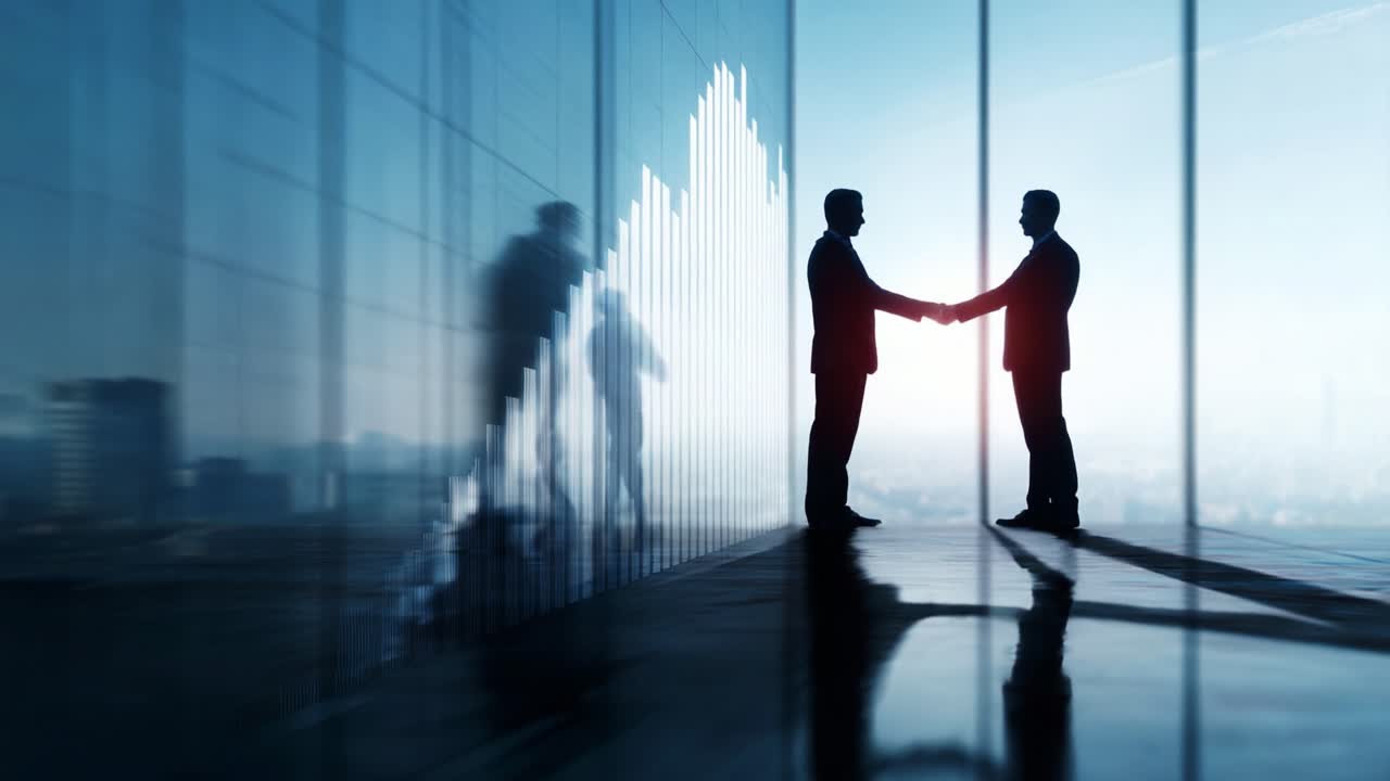 Silhouetten van zakenmannen die elkaar de hand schudden tegen een moderne kantoorachtergrond met grafieken, als symbool van partnerschap, succes en professionele groei in een zakelijke omgeving