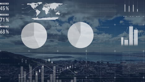 animación del procesamiento de datos financieros y estadísticas sobre el paisaje urbano
