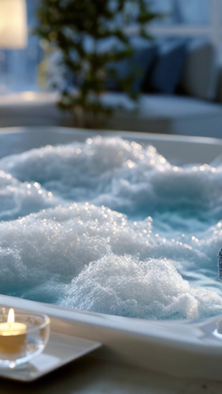 Un Momento Sereno di Relax: Una Vasca da Bagno Piena di Bolle Lussuose e Acqua Rilassante, Perfetta per un'Esperienza Spa Lenitiva a Casa