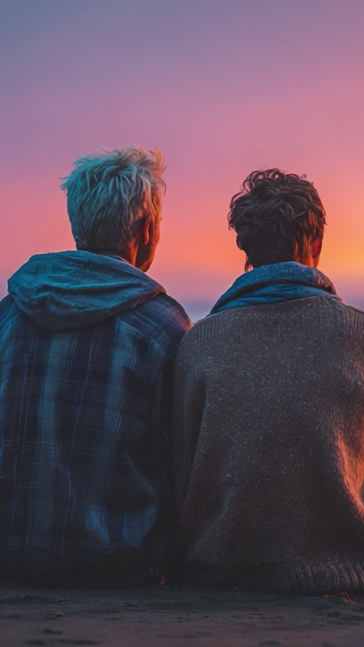 Two Friends Enjoying a Serene Sunset Together, Capturing a Moment of Connection and Peacefulness Against a Colorful Sky