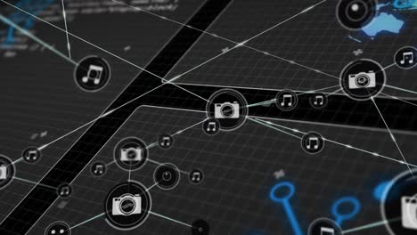 animation of network of connections with icons over data processing