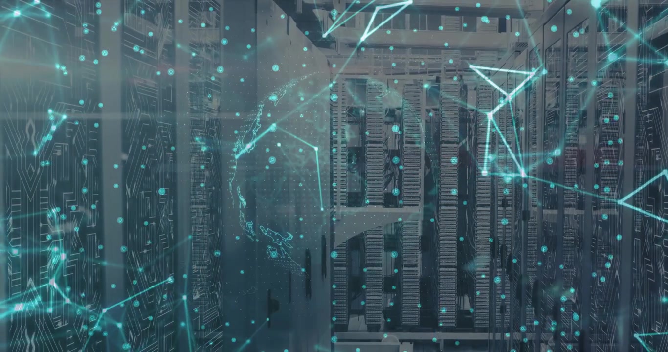Digital globe materializing and rotating in server aisle, pulsing nodes showing global data flow