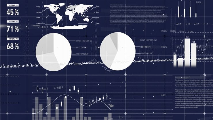 Animation of financial digital data processing over dark background