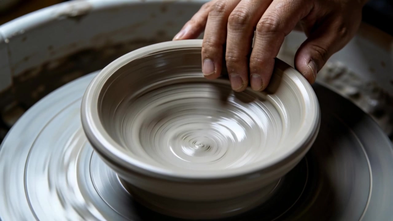 Pottemakerhender i mørk erme former en leirbolle på dreieskiven i studio, og jevner ut kanten.