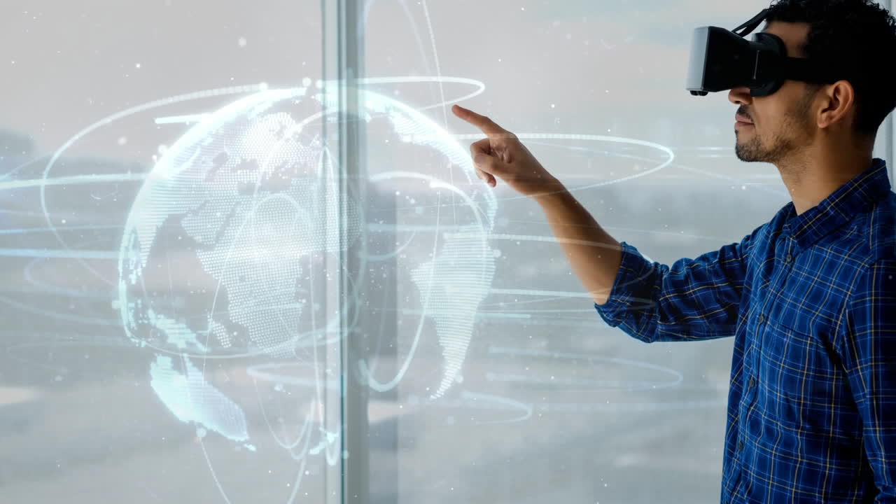 Using virtual reality headset, man interacting with digital globe animation