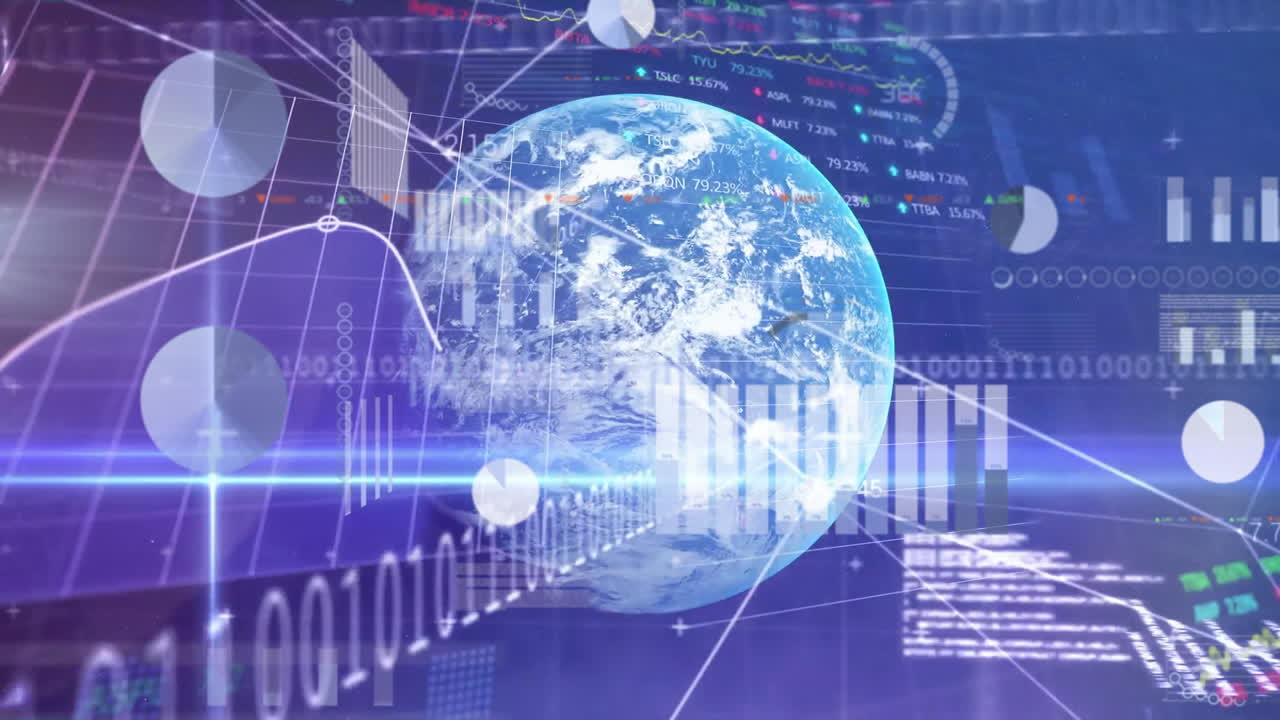 어두운 배경에 전 세계 금융 데이터 처리의 애니메이션