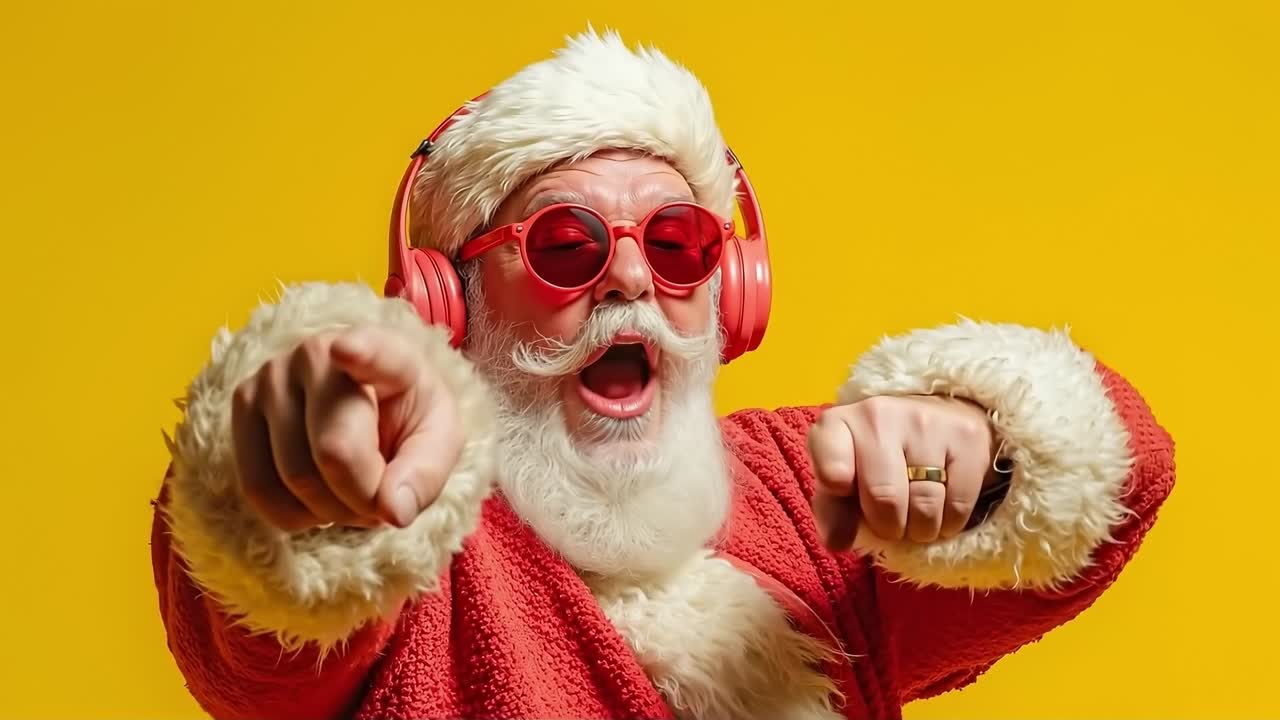 Un uomo vestito da Babbo Natale con occhiali da sole rossi e cuffie