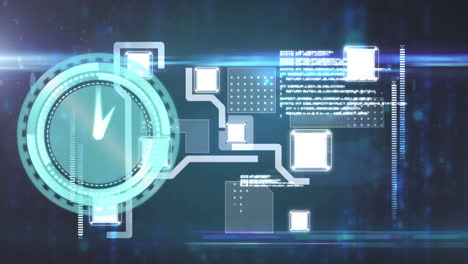 animation of clock moving fast and data processing on digital screen