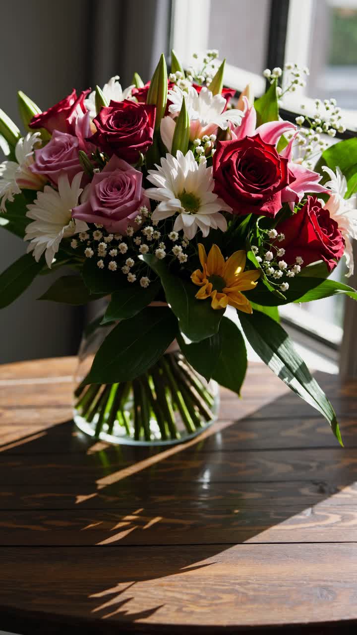 Un vivace bouquet di fiori misti in un vaso di vetro su un tavolo di legno, catturato in luce naturale