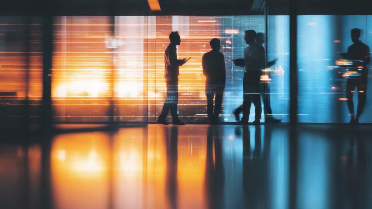 Business professionals engaged in a collaborative discussion, surrounded by a modern office environment illuminated by vibrant city lights at dusk, emphasizing teamwork and innovation