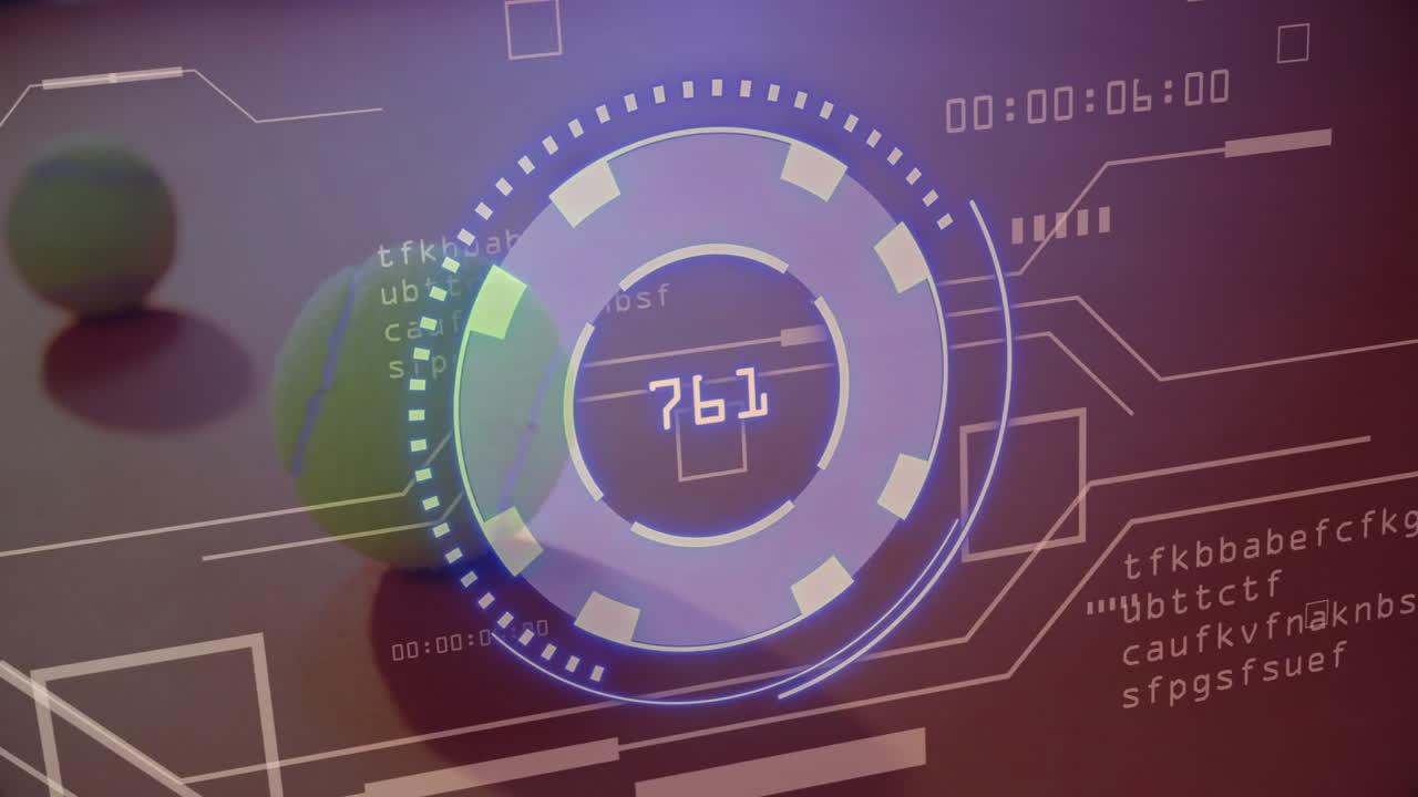 3D render tennis ball floating on smooth surface while circular HUD and timer animations pulsing