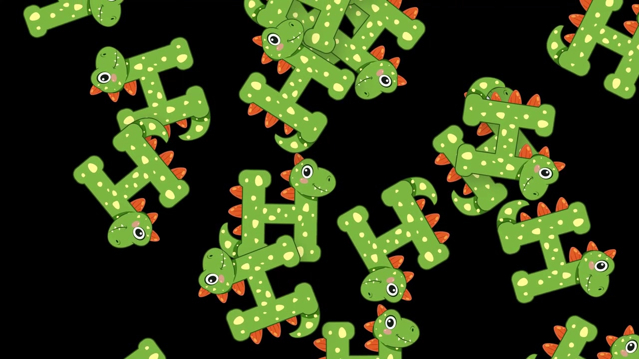 Cartoon green dinosaur letters H falling against a solid black background in a loop.