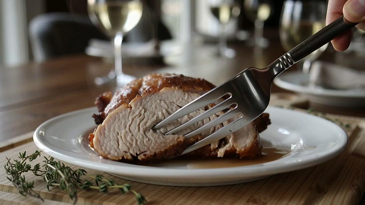 Forchetta che posiziona una fetta di tacchino arrosto su un piatto