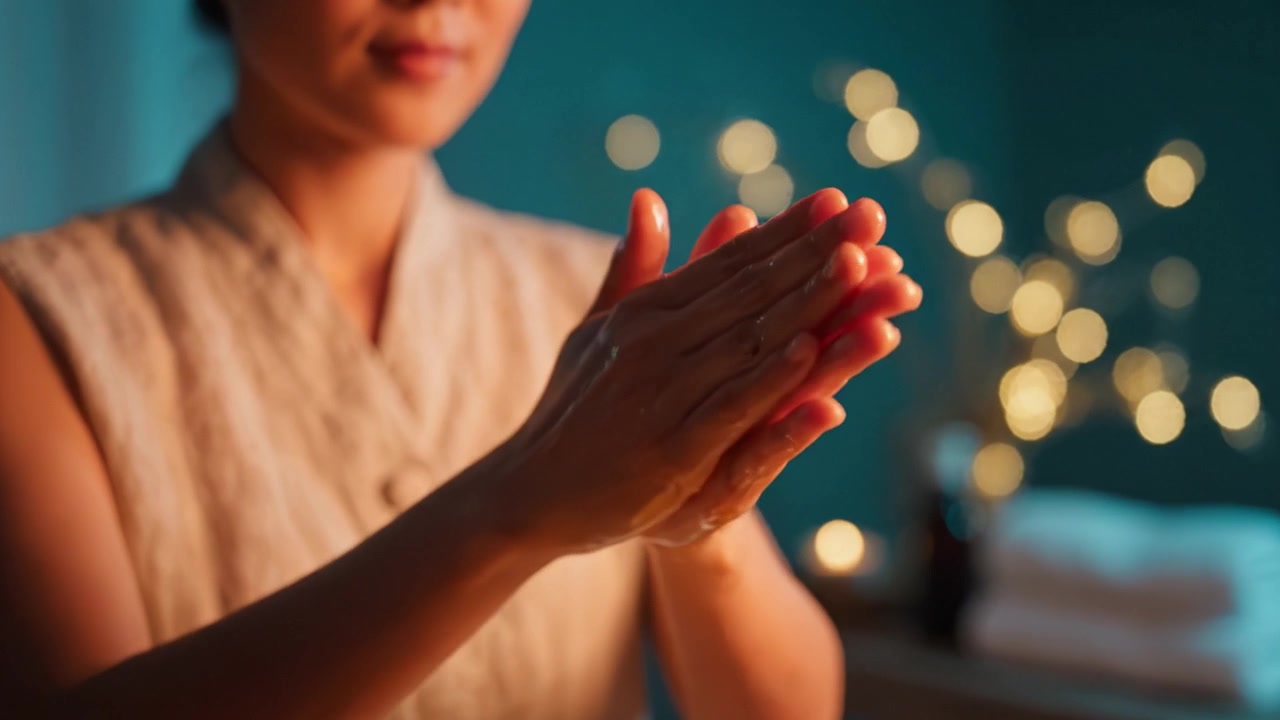 Ett fridfullt ögonblick av egenvård, en kvinna som njuter av en avkopplande ritual med gyllene olja, upplyst av mjuka, glittrande ljus i en lugnande, spa-liknande atmosfär