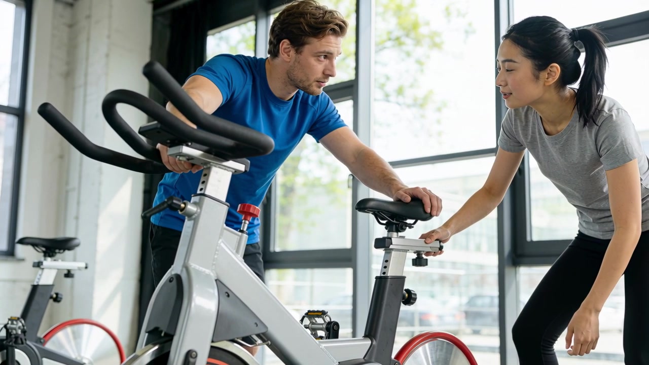 Un uomo in maglietta blu si china e stabilizza, mentre una donna regola la manopola del sedile di una spin bike per una pedalata corretta in palestra.