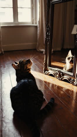 cat looking at its reflection in a mirror