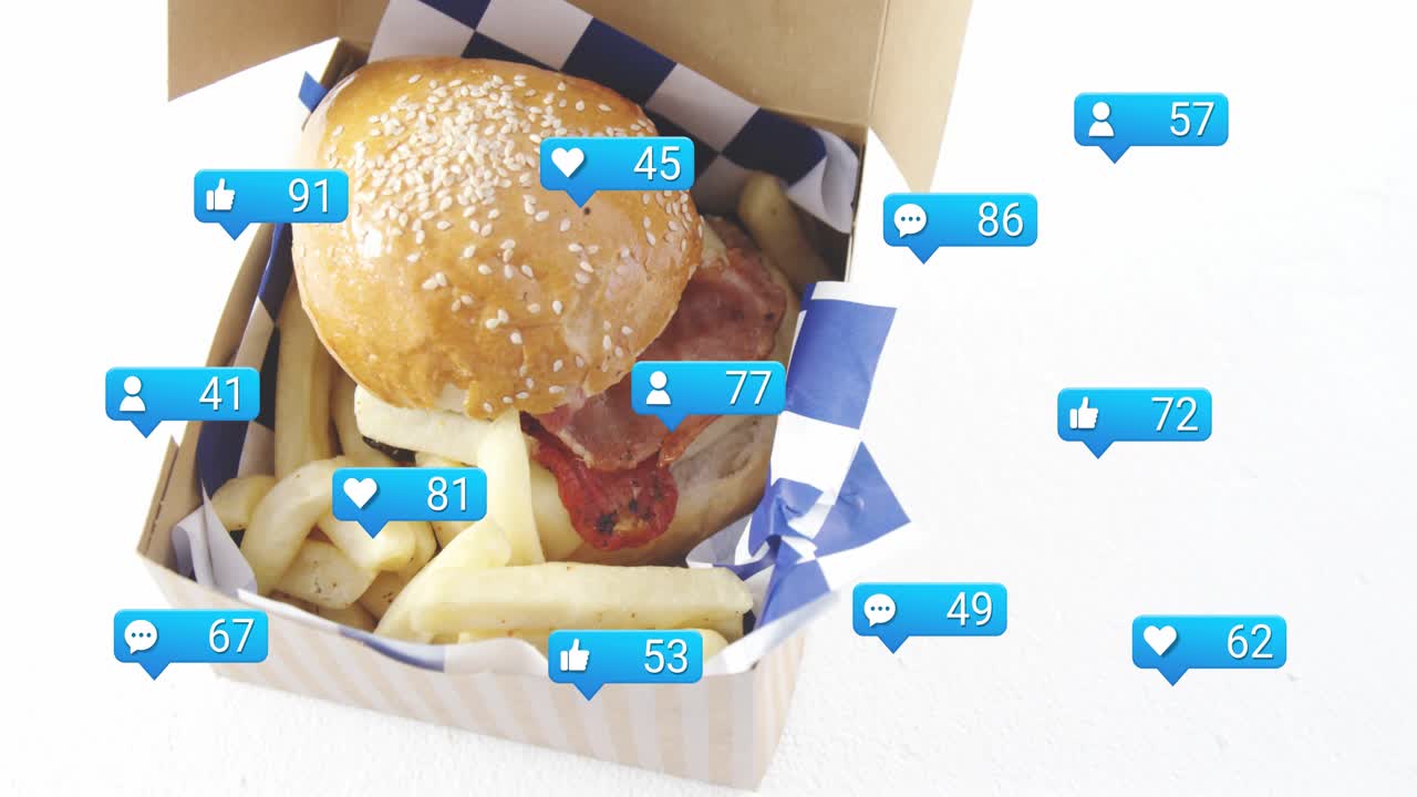Takeout box sliding in, showing burger and fries, badges spawning, counts rising showing popularity