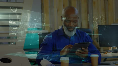 animation of financial data processing over african american man using tablet