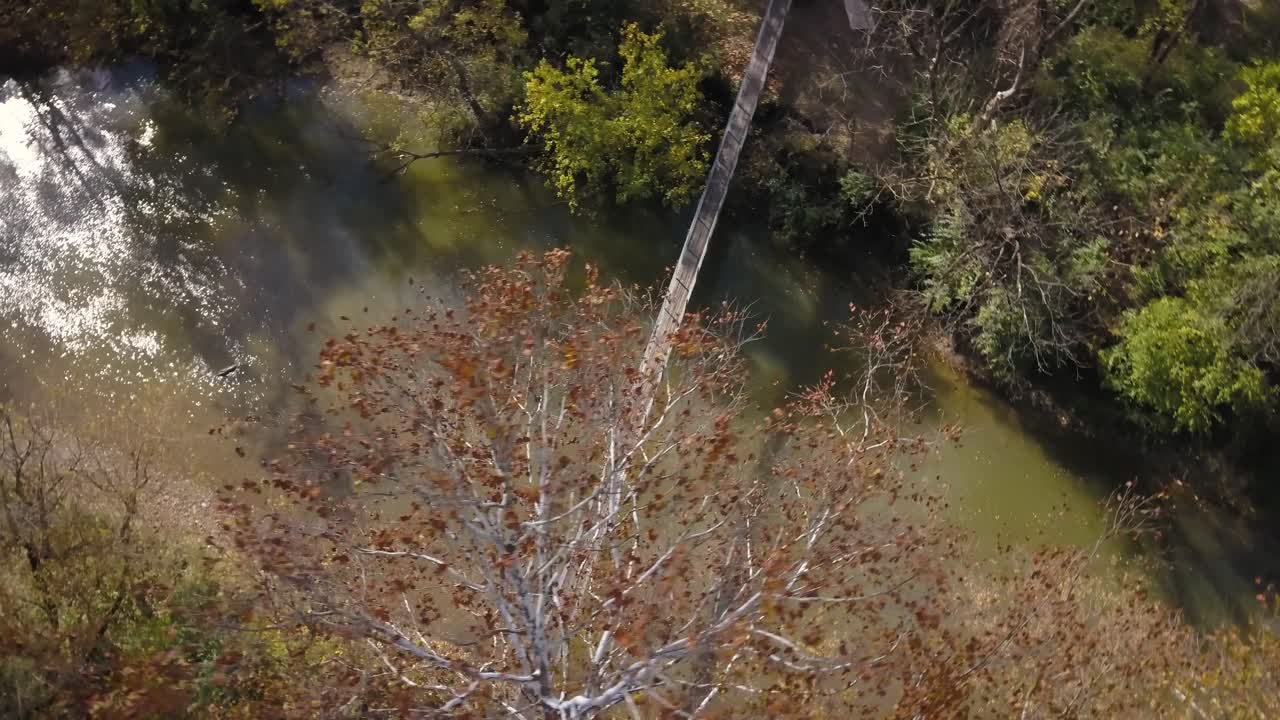 가을 시즌 동안 숲속의 강 위에 현수교의 드론 샷
