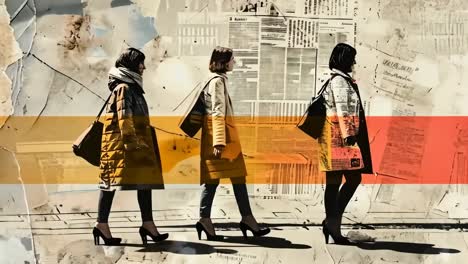 Artistic video concept showing a side view of a woman walking against a newspaper backdrop