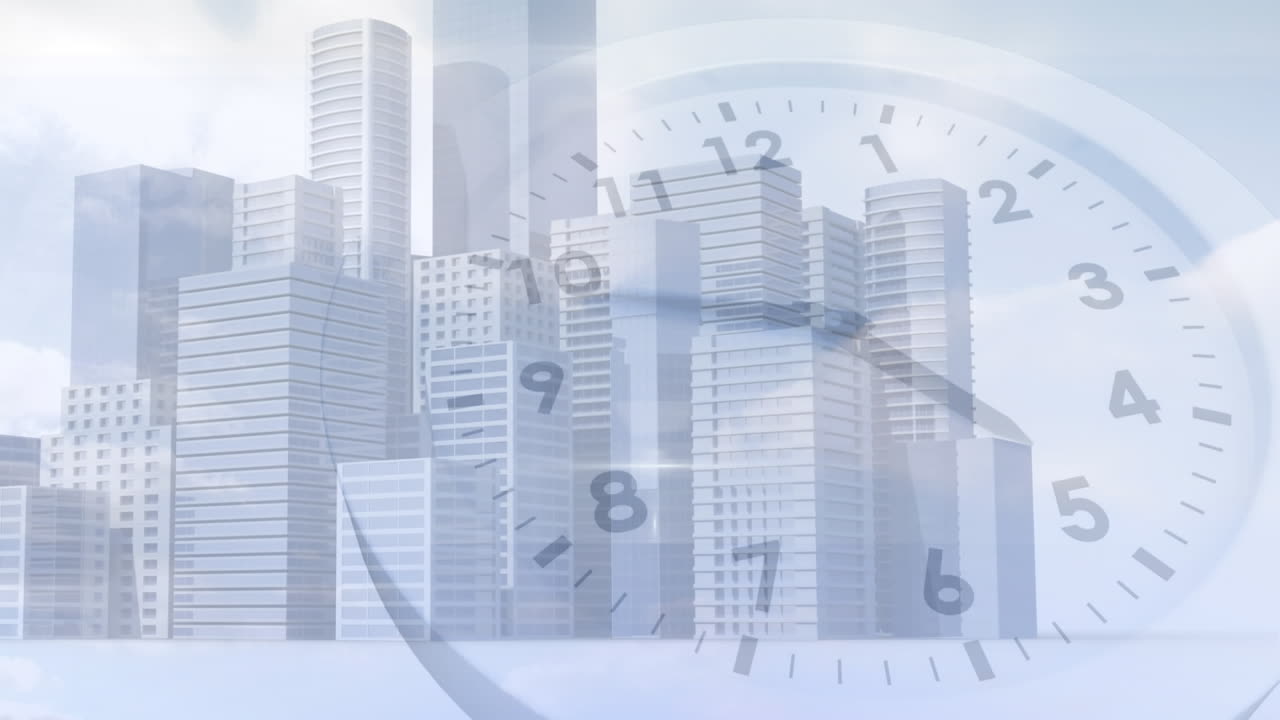 Animation of cityscape over clock moving