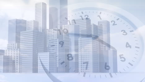 animation of cityscape over clock moving