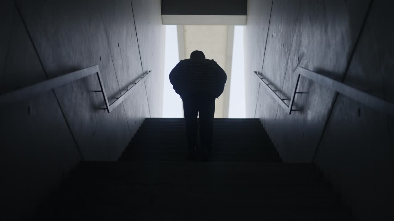 Male silhouette walking up on staircase in Bright light background,